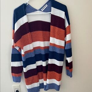 Open-Front Striped Cardigan in Navy, Rust, Burgundy & White
